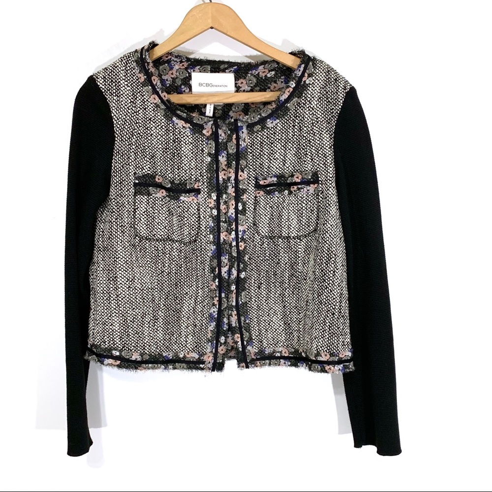 BCBGeneration Tweed Blazer with Floral Trim
